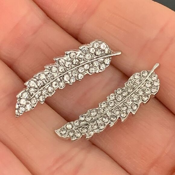 Sparkly Feather Ear Crawler Silver Tone Earrings, Angel Wings, Leaf Studs Gift - Picture 6 of 10